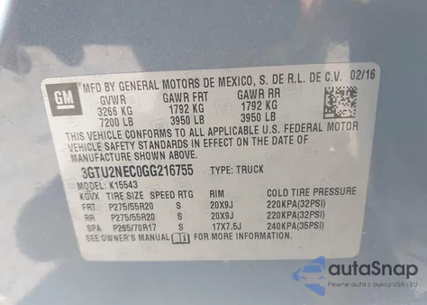 2016 GMC Sierra 1500 Slt from USA, damaged, VIN 3GTU2NEC0GG216755